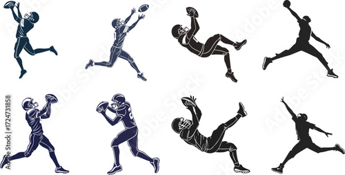 American Football Catching Poses – Vector Silhouettes of Players in Action for Sports Design and Athletic Concepts
