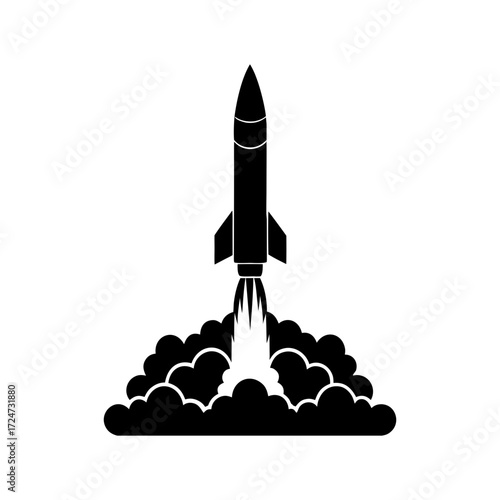 Vector art of black rocket launching with smoke and fire