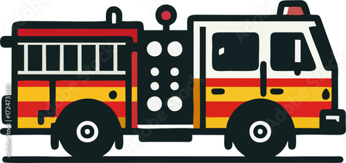 Minimalist Vector Fire Engine Side View – Modern Cartoon Emergency Vehicle Illustration with Bold Lines