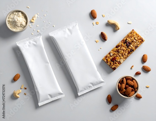 Blank protein bar wrapper mockup, with a granola bar and nuts on a clean surface.