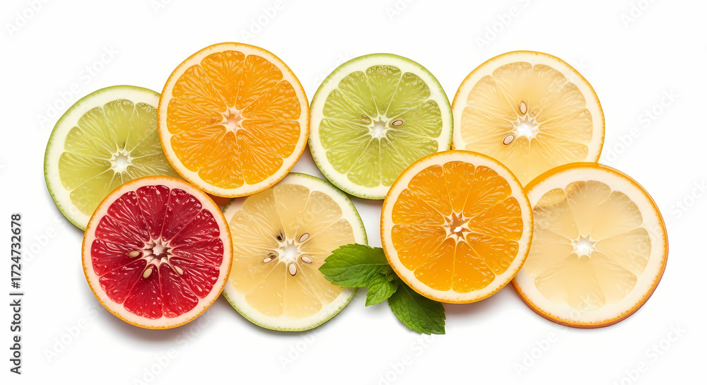 Fototapeta premium A vibrant overhead shot of various citrus fruit slices, including oranges, limes, lemons, and red grapefruit, arranged on a clean white background.