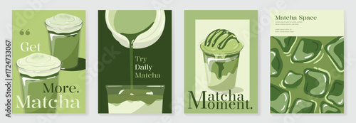 Matcha Green tea drinks poster template design set. Wallpaper of beverage, matcha latte art, green tea iced, tea ceremony. Vector illustration for promotion, marketing, menu, packaging, ads.