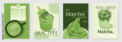 Matcha Green tea drinks poster template design set. Wallpaper of beverage, matcha latte art, green tea iced, ice cream. Vector illustration for promotion, marketing, menu, packaging, ads.