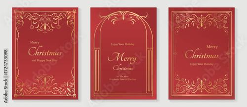 Christmas and Happy Holidays poster vector set. Luxury card template with Victoria frame, leaves and ornament vintage border on red background. Design illustration for cover, poster, packaging.