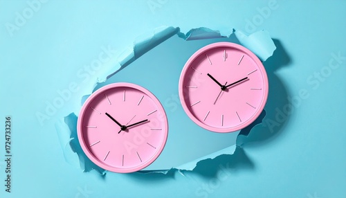 Two pink clocks, appearing to be framed by a hole in a light-blue surface