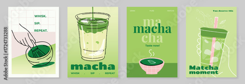 Matcha Green tea drinks poster template design set. Wallpaper of beverage, matcha latte art, green tea iced, tea ceremony. Vector illustration for promotion, marketing, menu, packaging, ads.