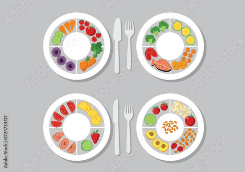 Four plates showcasing balanced meal portions of fruits, vegetables, protein and grains, with cutlery.