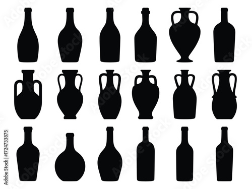 Set of 15 black silhouette illustrations of various bottles and amphorae vector graphics vector