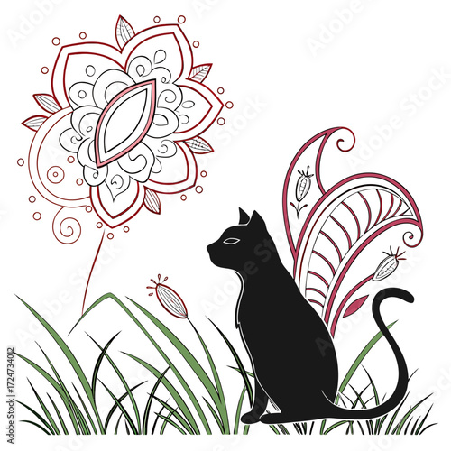 Illustration of a cat sitting in a garden the cat is black and the flowers are red the image is simple and clean, with a modern feel and a touch of whimsy