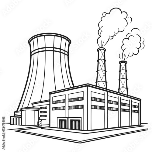 Illustration of a factory with a cooling tower and two chimneys emitting smoke, showcasing industrial production and energy generation