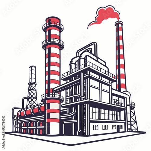 Illustration of a factory with tall chimneys emitting smoke, showcasing industrial architecture and the concept of manufacturing