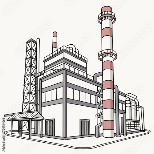 Illustration of a factory with tall chimneys, showcasing industrial architecture and the concept of manufacturing, detailed line art