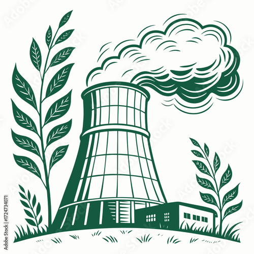Illustration of a green energy power plant with leaves, symbolizing sustainable energy and environmental responsibility, with a focus on clean energy