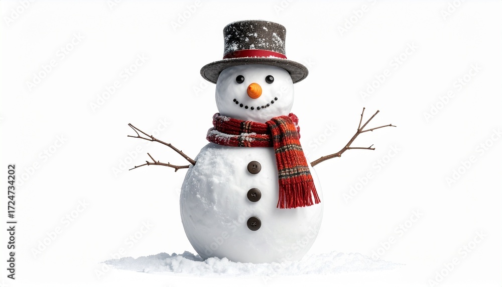 Fototapeta premium A cheerful snowman isolated on white, carrot nose and scarf detail