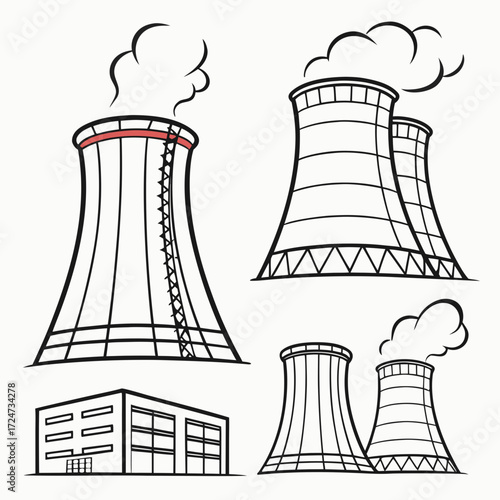 Illustration of a nuclear power plant with cooling towers and a building, emitting smoke, depicts energy production and industrial activity in a simple style
