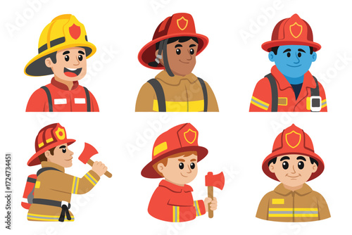 Set of Cartoon Firefighter Characters in Uniform with Helmets and Fire Equipment, Perfect for Safety Education, Emergency Services, Kids’ Books, and Fire Prevention Campaigns