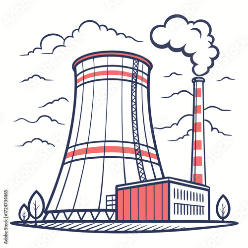 Illustration of a power plant with a cooling tower and chimney, symbolizing energy production and industrial activity, with a focus on energy