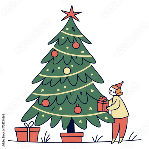 Illustration of a person putting a gift under a christmas tree, decorated with ornaments and a star, perfect for a holiday greeting card