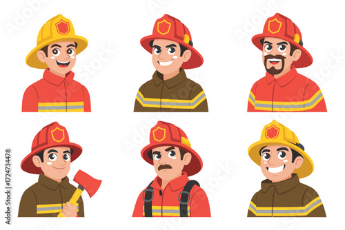 Set of Cartoon Firefighter Characters in Uniform with Helmets and Fire Equipment, Perfect for Safety Education, Emergency Services, Kids’ Books, and Fire Prevention Campaigns