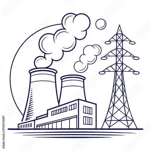 Illustration of a power plant with two cooling towers and a transmission tower, the plant is emitting smoke, suggesting it is in operation and generating electricity