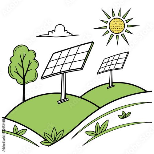 Illustration of solar panels on a green hill with a tree, cloud, and sun, , representing clean and sustainable energy solutions