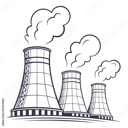Illustration of three nuclear power plant cooling towers emitting smoke, depicts energy production and industrial activity in a simple style