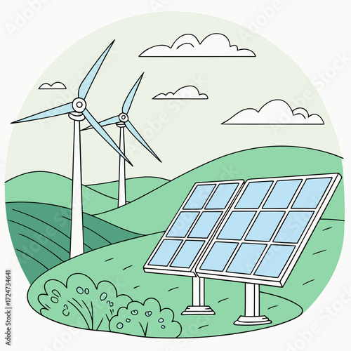 Illustration of wind turbines and solar panels in a circular frame, symbolizing renewable energy and environmental sustainability, promoting clean power generation
