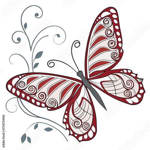 Vector art of a beautiful butterfly with red and white wings flutters amidst delicate grey vines, its intricate patterns and graceful form creating a captivating scene