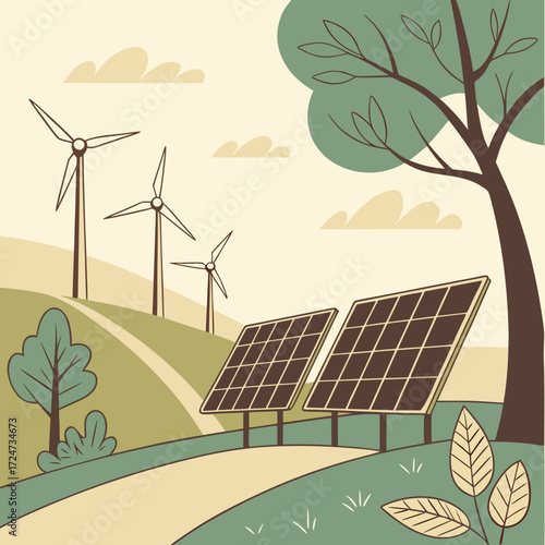 Illustration of wind turbines and solar panels in a rural landscape, emphasizing renewable energy sources and environmental sustainability, promoting clean energy production
