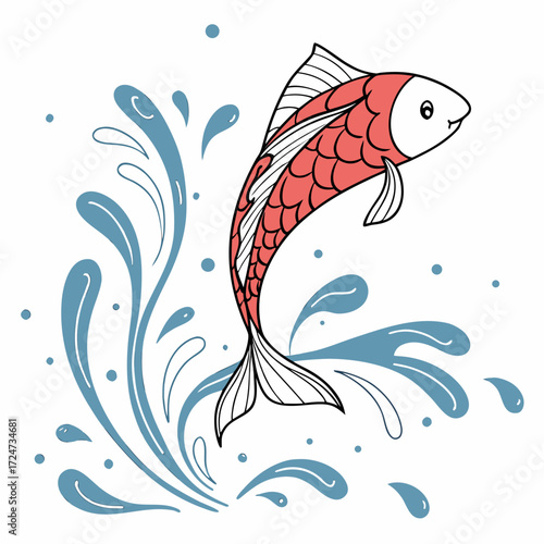 Vector art of a charming red fish joyfully leaps from a splash of blue water, its playful form captured in a delightful illustration, the design evokes a sense of whimsy and aquatic fun
