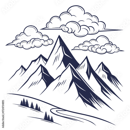 Vector art of a serene mountain landscape, featuring majestic peaks, fluffy clouds, and winding trails, perfect for nature lovers and outdoor enthusiasts