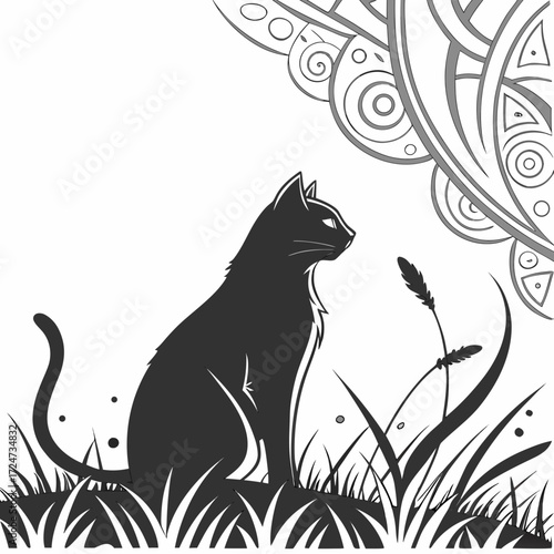 Vector art of a sleek black cat sits gracefully amidst tall grass, gazing intently into the distance, with an abstract moon design overhead, this illustration evokes a sense of mystery