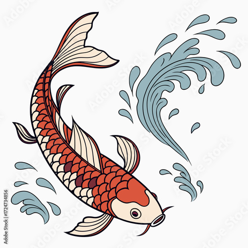 Vector art of a vibrant koi fish gracefully ascends, its scales shimmering with shades of orange and white, amidst a splash of turquoise water, the illustration captures the essence of japanese art