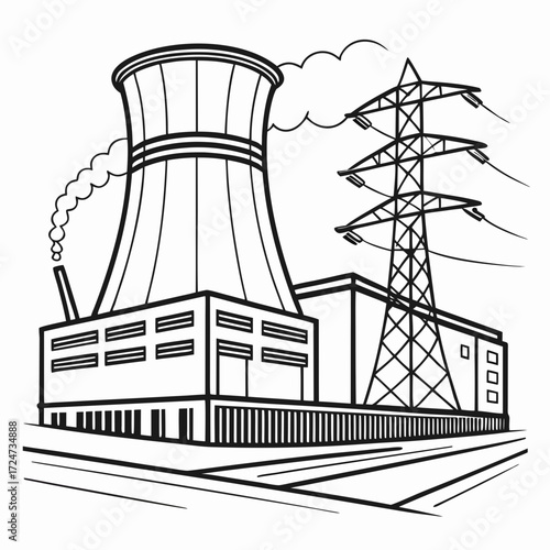 Vector art of black and white illustration of a nuclear power plant depicts the cooling tower, reactor building, and transmission tower, showcasing energy production