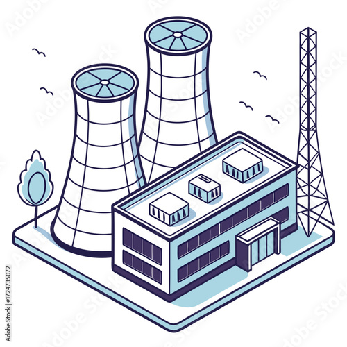 Vector art of isometric nuclear power plant illustration depicts the cooling towers, reactor building, and transmission tower, showcasing energy production and industrial infrastructure