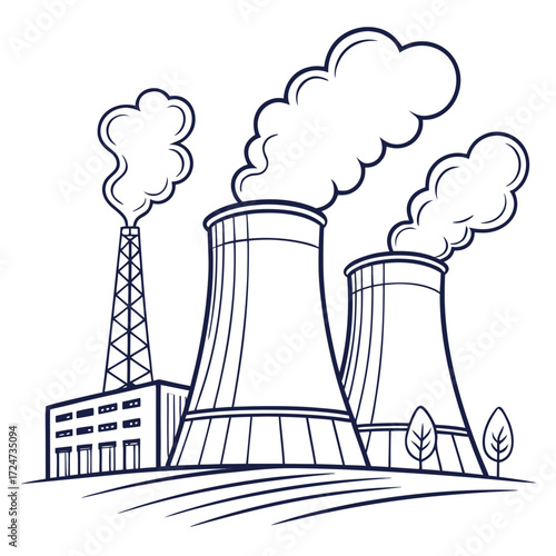 Vector art of line art illustration of a nuclear power plant depicts the cooling towers, reactor building, and transmission tower, showcasing energy production