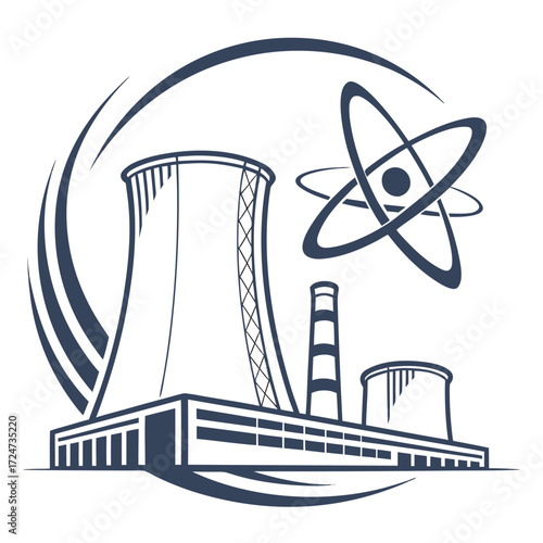 Vector art of stylized vector illustration of a nuclear power plant with cooling tower and atom symbol, , representing energy production, science, and industrial technology in a clean, modern design
