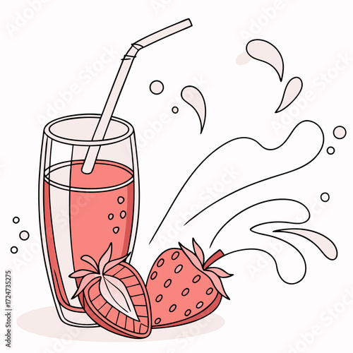 Illustration of a refreshing strawberry juice with a straw and splashing water, accompanied by fresh strawberries for a vibrant and summery feel