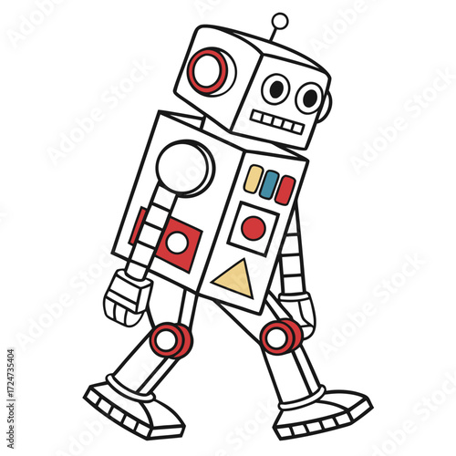 Vector art of a whimsical cartoon robot strides forward, , showcasing a blend of retro charm and futuristic design with its boxy body and antenna