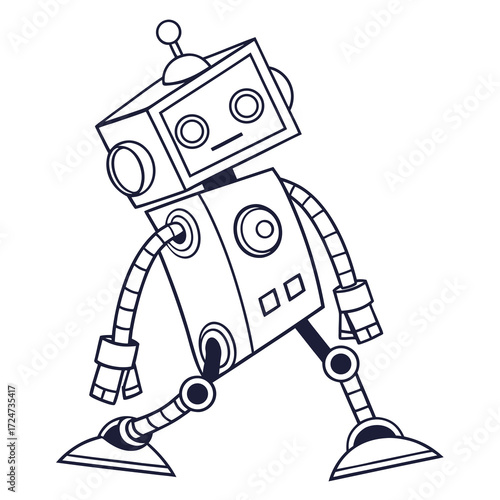 Vector art of a stylized cartoon robot with a tilted head walks forward, , its simple design and clean lines creating a modern yet playful aesthetic