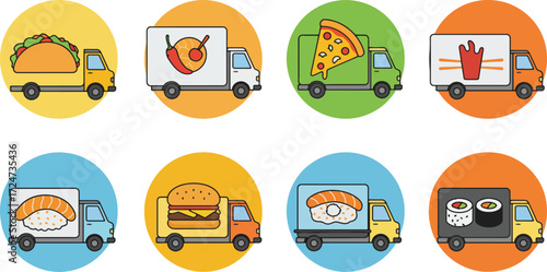 Food delivery trucks showcasing various cuisines.