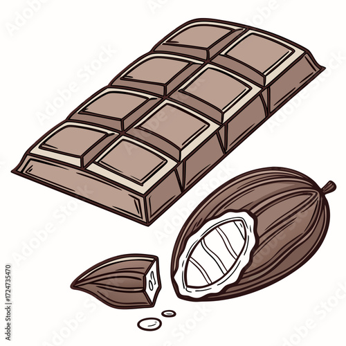 Vector art of isometric illustration of a chocolate bar with cocoa bean hand drawn vector illustration of a sweet treat with cocoa and a piece of chocolate