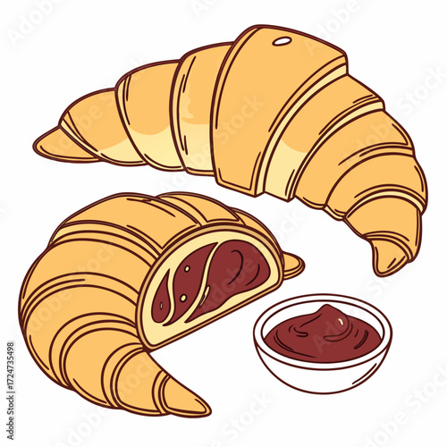 Vector art of two croissants, one with chocolate filling, and a bowl of chocolate spread perfect for breakfast, dessert, or a sweet treat enjoy the deliciousness