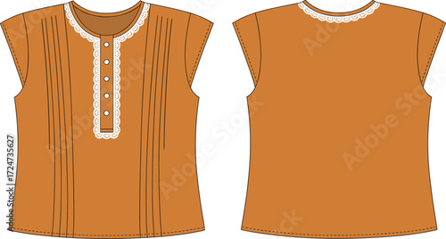 Brown women's blouse technical fashion sketch vector illustration with decorative lace trim, pintucks, and front button placket for apparel design.