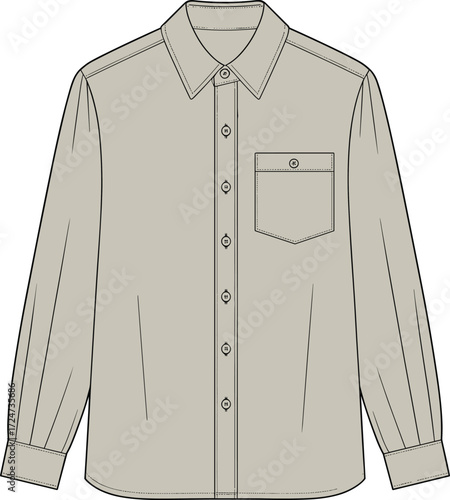 Stylish women's long sleeve button-up shirt technical fashion sketch vector illustration with classic collar and a single flap chest pocket.