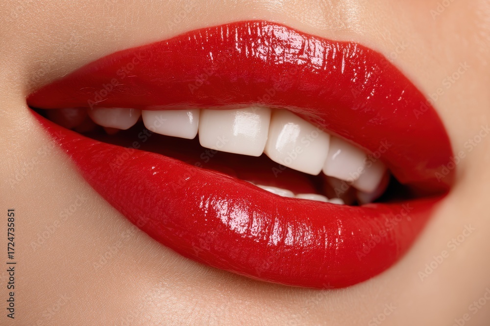 Obraz premium Glossy red lips with white teeth in a close-up shot, highlighting vibrant lipstick and smooth, flawless skin