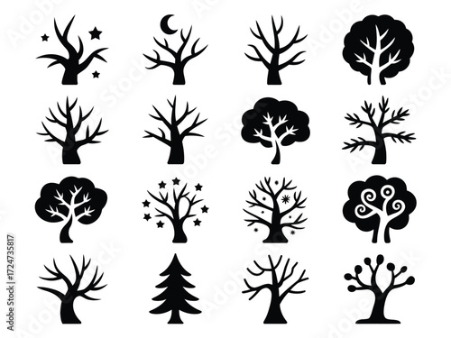 Set of 16 black and white minimalist tree illustrations scalable vector graphics for eps design projects vector