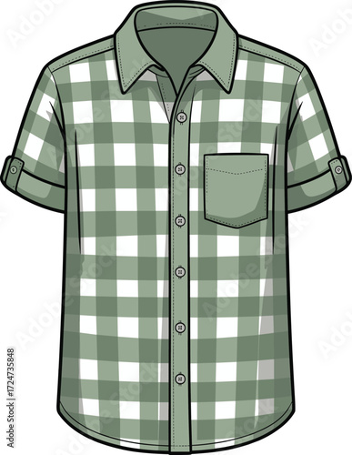Classic unisex gingham plaid shirt technical fashion sketch vector illustration with short cuffed sleeves and single chest patch pocket.
