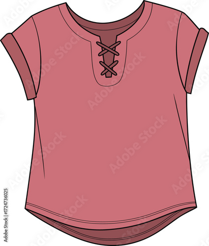 Relaxed fit women's top technical fashion sketch vector illustration with lace-up neckline detail, cuffed sleeves, and a curved hem.