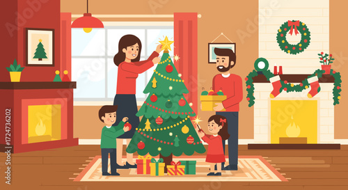 A warm family scene of a mother, father, and two children happily decorating a Christmas tree with ornaments and lights in a cozy living room with presents underneath